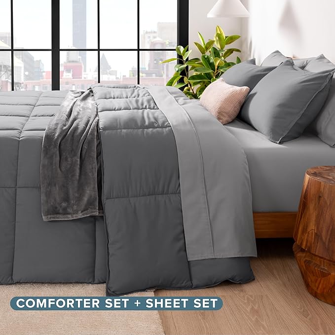 Bare Home Bed-in-A-Bag 5 Piece Comforter & Sheet Set - Twin XL - Goose Down Alternative - Ultra-Soft 1800 Premium Bedding Set (Twin XL, Grey/Light Grey)