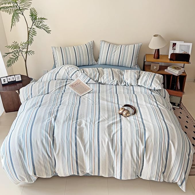 VM VOUGEMARKET Striped Duvet Cover Set 100% Washed Cotton Linen Like Textured Breathable Durable Soft Comfy Bedding Set (Blue Stripes, King 104"x90")