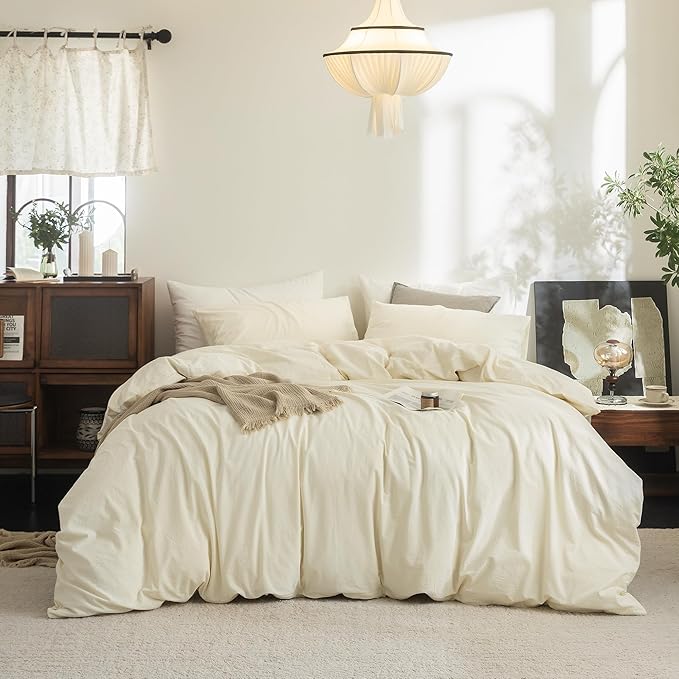 FOSSA Duvet Cover Set 100% Washed Cotton Linen Feel Super Soft Breathable Cozy 3 Pieces Bedding Sets Solid Cream White Super Queen