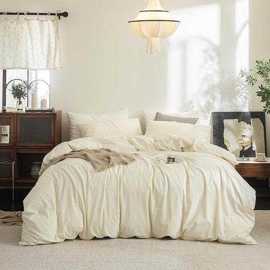 FOSSA Duvet Cover Set 100% Washed Cotton Linen Feel Super Soft Breathable Cozy 3 Pieces Bedding Sets Solid Cream White Super King Plus
