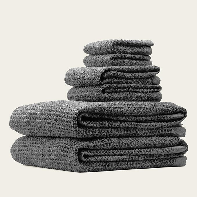 Italic Sedona Luxe Waffle Towel Set, 410 GSM 6-Piece 100% Cotton Set with 2 Bath Sheets, 2 Hand Towels & 2 Washcloths, Spa-Quality (Charcoal)