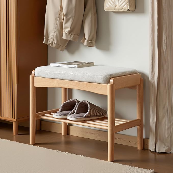 Solid Wood Shoe Bench Assembled, Shoe Rack Bench with Cushion for Entryway, Living Room, Bedroom, Hallway, 11.8" x 17.7" x 16.5", Natural