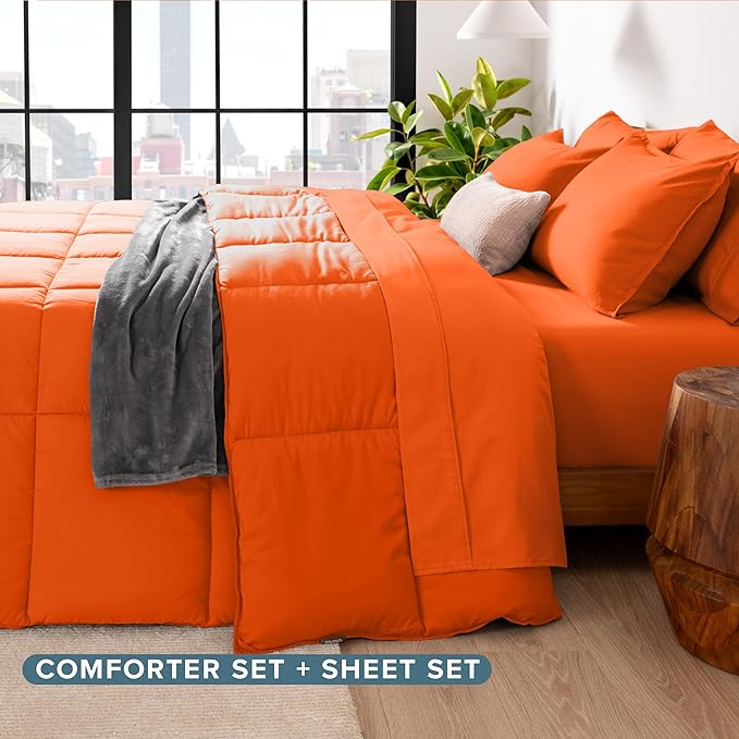 Bare Home Bed-in-A-Bag 5 Piece Comforter & Sheet Set - Twin XL - Goose Down Alternative - Ultra-Soft 1800 Premium Bed Set (Twin XL, Orange/Orange)