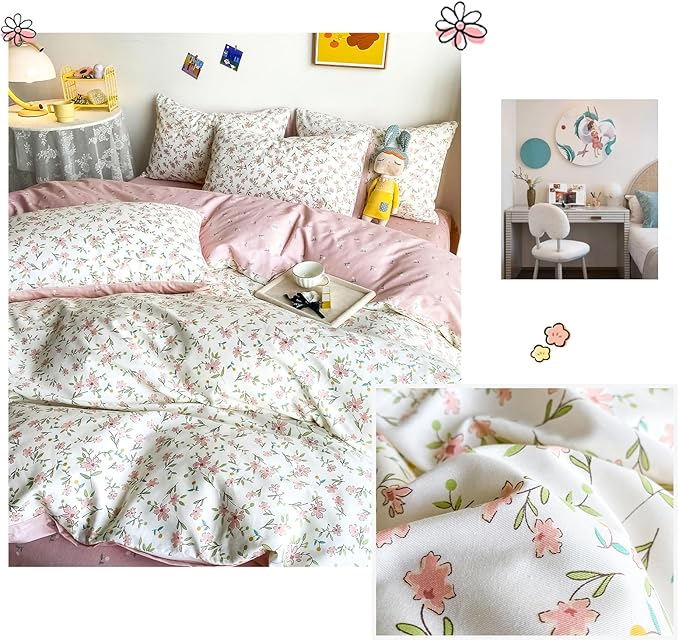 HighBuy Soft Cotton Floral Duvet Cover Twin XL White with Pink Floral Print,Garden Style Botanical Coquette Bedding Comforter Cover Bedding Set,Cottagecore 1 Twin XL Duvet Cover,2 Pillowcases