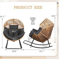 Vongrasig Comfy Wicker Rocking Egg Chair, Soft Thick Cushion Rattan Lounge Chair, High Capacity Steel Frame, Reading Chair for Living Room, Bedroom, Dorm Rooms (Black)