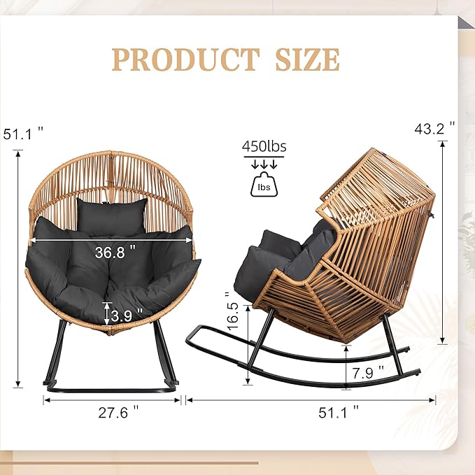 Vongrasig Comfy Wicker Rocking Egg Chair, Soft Thick Cushion Rattan Lounge Chair, High Capacity Steel Frame, Reading Chair for Living Room, Bedroom, Dorm Rooms (Black)