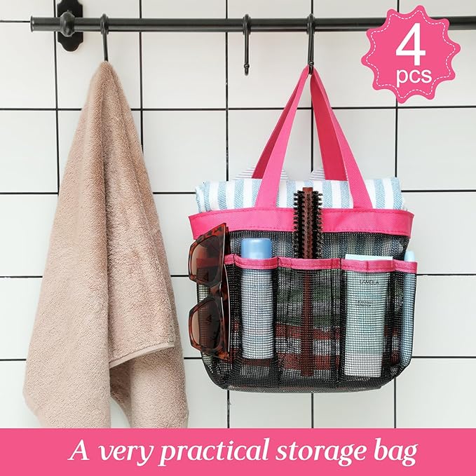 Hillban 4 Pcs Mesh Shower Caddy Portable Large Quick Dry Shower Caddy Basket with Deeper 8 Pockets and 2 Handles Hanging Bag for College Dorm Room(Rose Red)