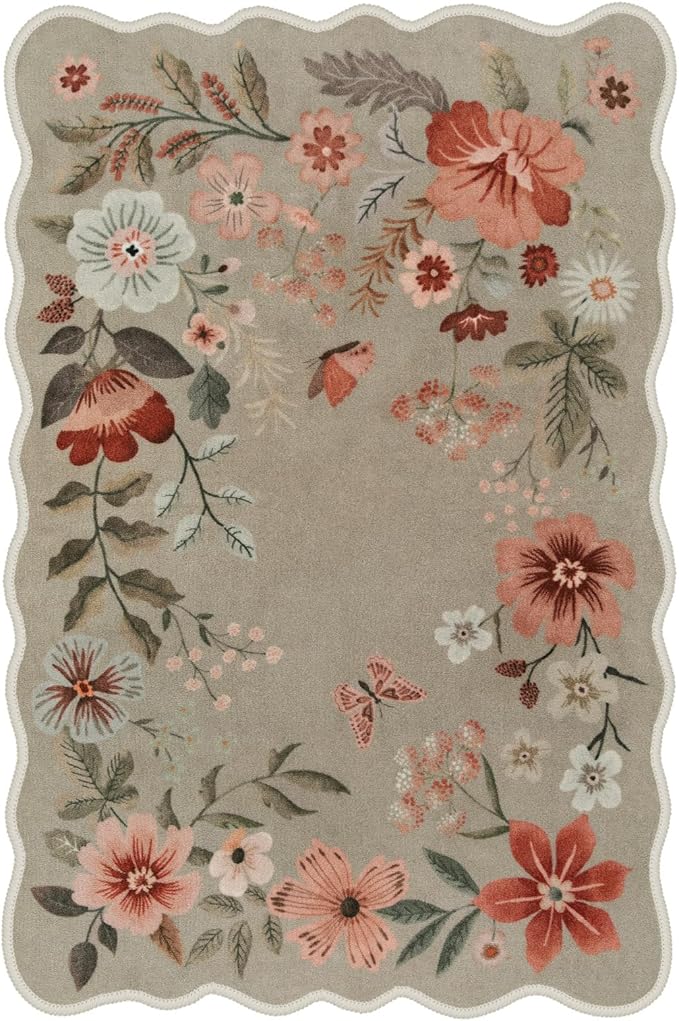 Lahome Floral Washable 6x9 Area Rugs, Soft Bedroom Rug for Living Room Ultra-Thin Non Slip Dining Room Rug, Stain Resistant Boho Rugs Easy Clean Throw Carpet for Office(6'x9',Brown)