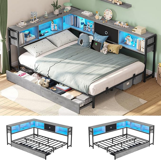Hasuit Full Corner Bed Frame with Storage Drawers and Bookcase Headboard, Full Size Metal Platform Corner Bed Frame with Charging Station and LED Lights, Full Daybed for Kids Teens Guests, Oak Gray
