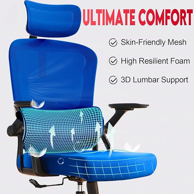 Ergonomic Office Chair - 400LB Comfy Desk Chairs with Adjustable Headrest and Lumbar Back Support, Mesh Computer Chairs with Wheels and Arms for Home Office, Study