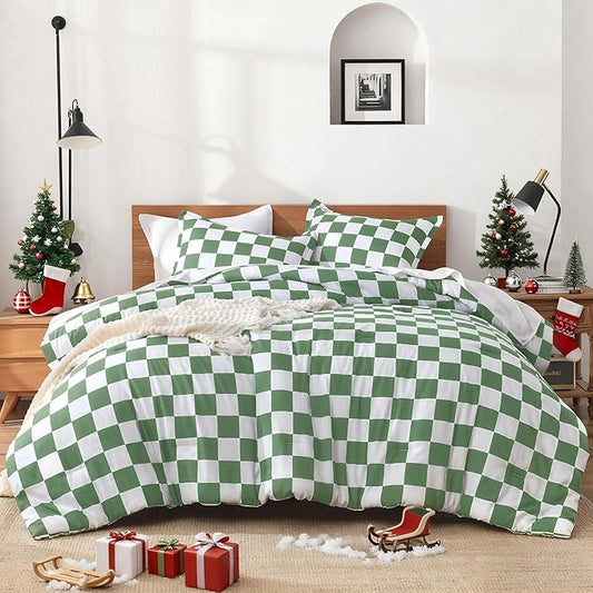 Andency Green Checkered Comforter Queen(90x90Inch), Plaid Gingham Buffalo Grid Bedding Comforter Sets for Boys Kids Teens, 3 Pieces Lightweight Microfiber Geometric Preppy Bed Set