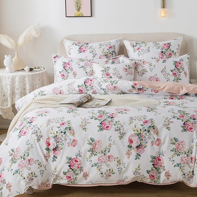 FADFAY Duvet Cover Set Twin XL Pink Rose Floral College Bedding Shabby Peony Flower Quilt Cover Set 100% Cotton Soft Comforter Cover Set with Hidden Zipper Closure 3Pcs, Twin XL Size for Dorm Room