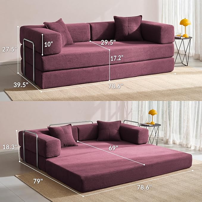 YINIX Foldable Sofa Bed, 78'' Folding Floor Couch, Compressed Convertable Sleeper Sofa, Memory Foam Couch with Pillow Back Support Armrest, 4-in-1 Futon Sofa Bed for Living Room, Wine Red