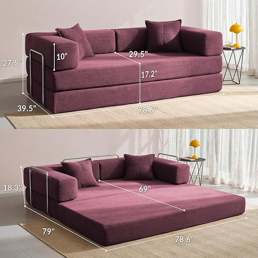 YINIX Foldable Sofa Bed, 78'' Folding Floor Couch, Compressed Convertable Sleeper Sofa, Memory Foam Couch with Pillow Back Support Armrest, 4-in-1 Futon Sofa Bed for Living Room, Wine Red