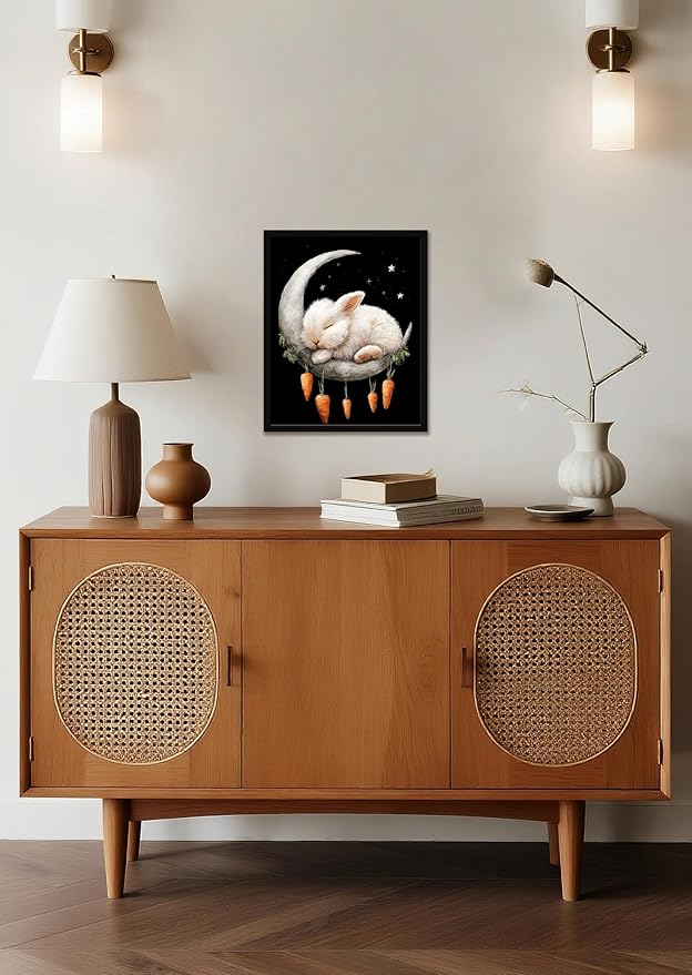 Funny Animal Black And White Wall Art Print Rabbit On The Moon Cute Poster Canvas Art Wall Decor Picture For Bedroom Dorm Bathroom Wall Decor Aesthetic Home Artwork 12" × 16" With Framed