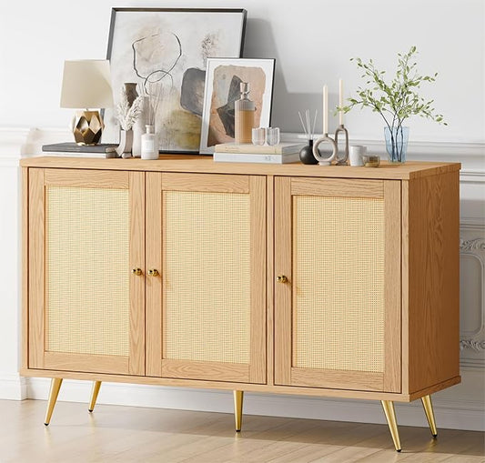 JAMFLY Buffet Cabinet with Set of 2 Storage, Kitchen Storage with 3 Rattan Decorated Doors, Accent Cabinet Sideboard for Dining Room, Living Room, Entryway, Hallway, Natural