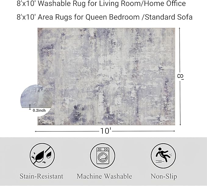 RCTJHOME 8'x10' Washable Area Rugs for Standard Sofa Living Room/Queen Bedroom, Ultra Soft Non-Slip Accent Large Carpet, Dining Room, Home Office, Low Pile Vintage Rug Light Grey White Watercolor