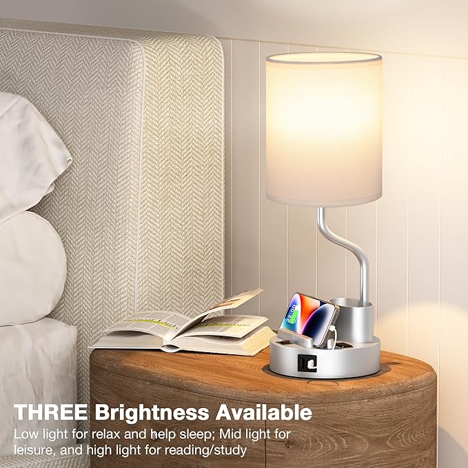 Grey Bedside Table Lamps for Bedroom Set of 2 - Nightstand Light with AC Outlet and USB A & C for Charging, 3 Color Temperatures Desk Lamp with Pen Holder & Phone Stand for Living Room/Dorm/Office