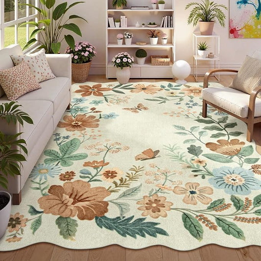 Lahome Floral Washable Rugs 8x10, Non-Slip Soft 8x10 Rugs for Living Room Bedroom, Ultra-Thin Stain Resistant Boho Accent Carpet for Dining Room Office, Beige