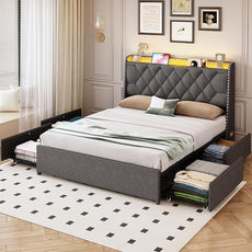 Full Size Bed Frame with 4 Drawers and Storage Headboard, Upholstered Button Linen Platform Full Bed with Led Lights and Handy Charging Station, No Box Spring Needed, Easy Assembly, Noise Free, Grey