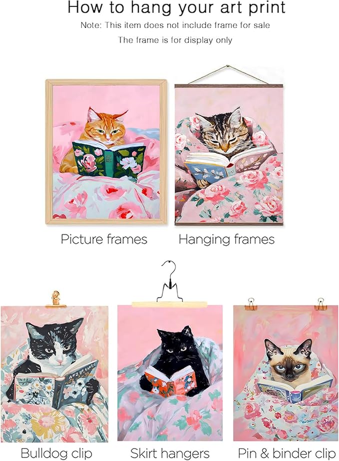 Cute Cat Reading Poster Set of 6 Funny Black Cat Book Lover Canvas Wall Art, Whimsical Animal Wall Decor Painting Prints Aesthetic for Nursery Kids Boby Room Bedroom Unframed 12x16 inch