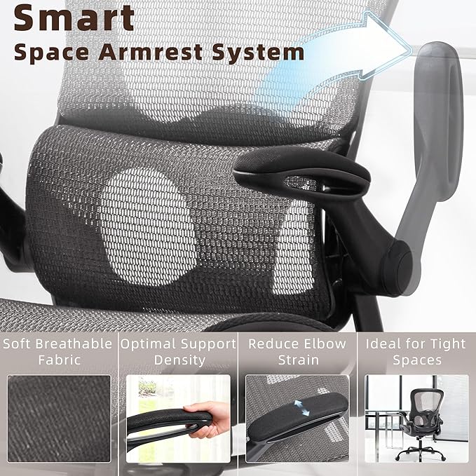 Office Chair, Ergonomic Desk Chair with Adjustable High Back 2D Lumbar Support Flip-up Armrests, Executive Breathable Mesh Comfy Swivel Rolling Computer Task Chair for Home Office Study Work Gaming