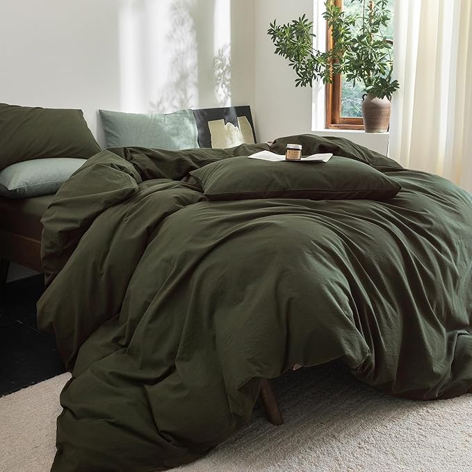 FOSSA Duvet Cover Set 100% Washed Cotton Linen Feel Super Soft Breathable Cozy 3 Pieces Bedding Sets Solid Olive Green Full/Double