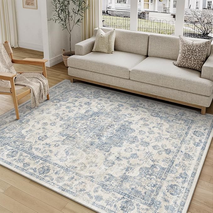4x6 Washable Neutral Area Rug Blue Vintage Entryway Office Carpet Non-Slip Soft Low Pile Floral Indoor Throw Rug for Living Room Bathroom Dining Room