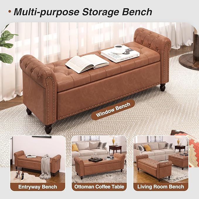 55 Inch Bedroom Storage Bench, Faux Leather End of Bed Bench with Storage, Upholstered Ottoman Foot Rest with Rolled Arms for Bedroom, Living Room, Apartment, Brown