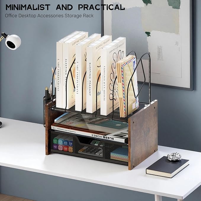 Wood Desk Organizer - 2-Tier Desktop File Organizer with Drawer with Vertical File Holder, Wooden Paper Tray, Office Desk Organzier and Accessories for Papers, Mail, Notebooks, Stationery