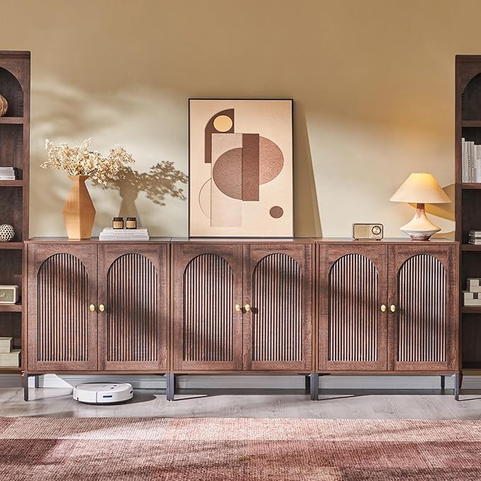 Bathroom Cabinet with Storage, 92.63" W Fluted Arched Free Standing Floor Cabinet w/Adjustable Shelves, Modern Sideboard Cabinet for Bathroom, Kitchen, Living Room, Entryway, Brown
