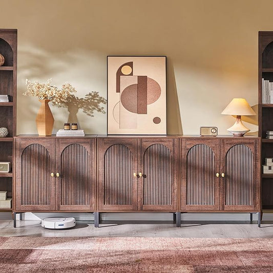 Bathroom Cabinet with Storage, 92.63" W Fluted Arched Free Standing Floor Cabinet w/Adjustable Shelves, Modern Sideboard Cabinet for Bathroom, Kitchen, Living Room, Entryway, Brown