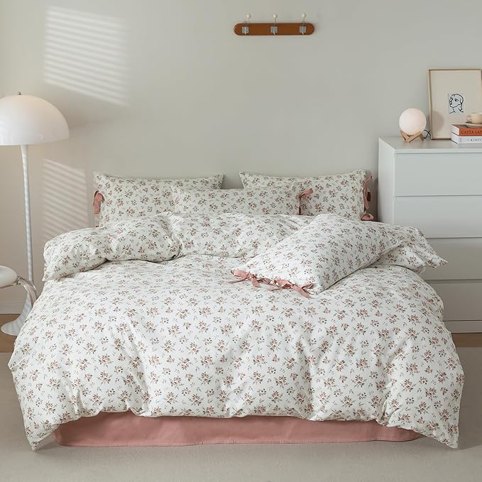 mixinni Vintage Style Girls Pale Pink Flower Pattern Duvet Cover Queen Soft Aesthetic Floral Cotton Bedding Set 1 Duvet Cover with 2 Bow Tie Pillowcases for Women-Queen Size