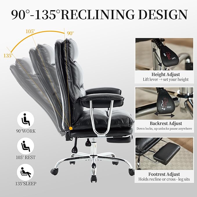 Office Chair with Footrest 500lbs,Executive Desk Chairs for Heavy People, Reclining Computer Chair Comfy Wide Seat Big and Tall High Back, Black
