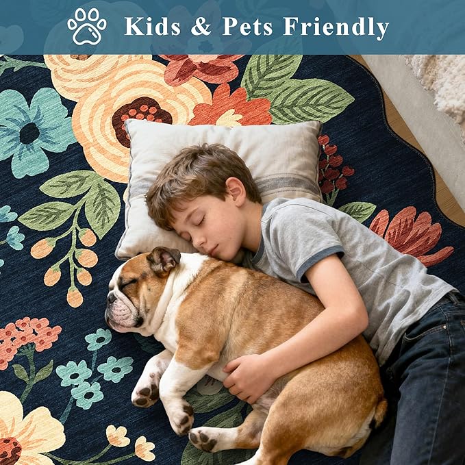 DUKINO 2x4 Washable Runner Rugs, Non Slip Floral Print Entryway Rug with Soft Low Pile, Lightweight Mat for Living Room, Bathroom, Bedroom, Kitchen, Navy Blue