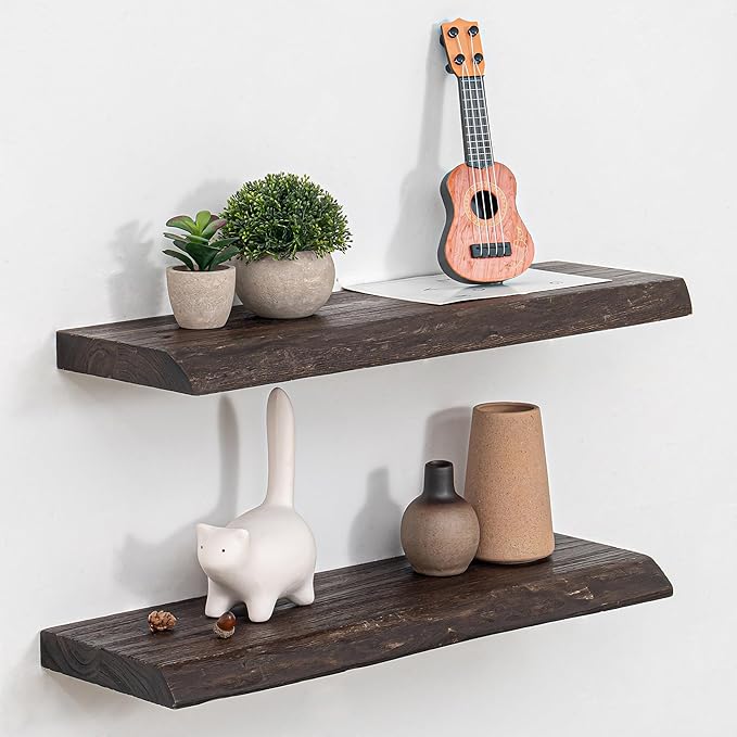 Floating Shelves for Wall, 24"x9.3" Rustic Solid Live-Edge Elm Wood Wall Shelves, Heavy-Duty Floating Shelves with Invisible Brackets, Set of 2 for Living Room, Bedroom, and Kitchen, Walnut Finish