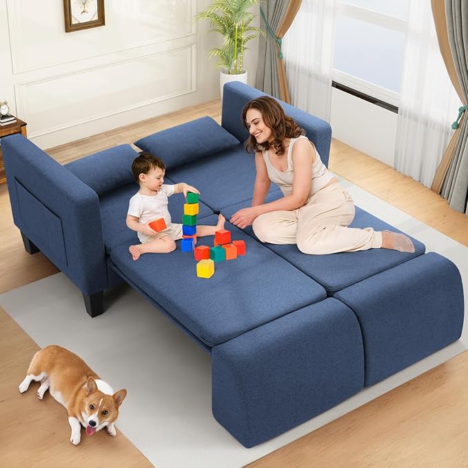 SEJOV 6-in-1 Convertible Sofa Bed, 58" Loveseat Sleeper Sofas with Pull Out Couch Bed, Removable Backrest, Storage Pockets and 2 Pillows, Modern Folding Linen Futon Couch for Small Spaces, Blue