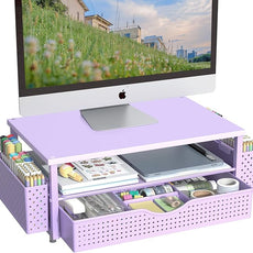 Spacrea Desk Organizer and Accessories, Computer Monitor Stand Riser with Drawer and 2 Pen Holders, Office Desk Accessories & Workspace Organizers for Office Supplies (Purple)