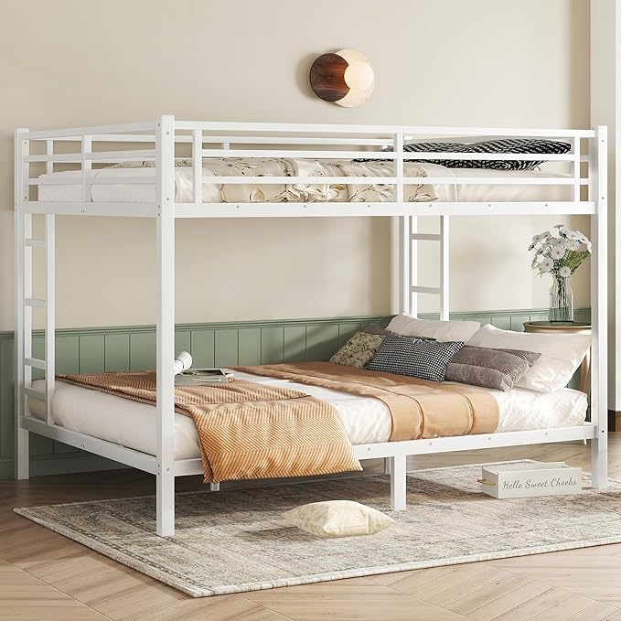 Queen Over Queen Metal Bunk Bed, Heavy Duty Bunk Bed with 2 Ladders, Space Saving Bed for Teens and Adults. Bunk Beds with Full Length Guardrail, White