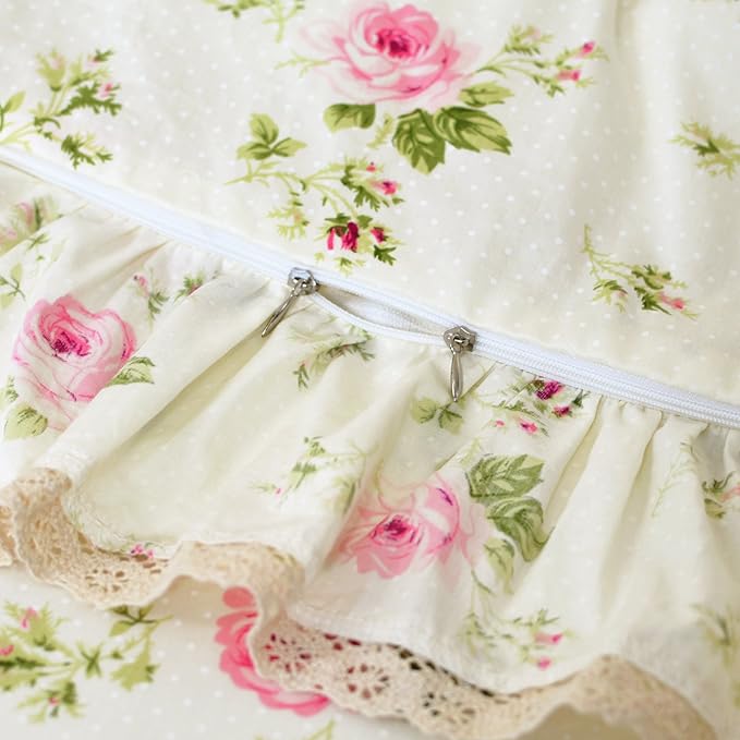 FADFAY Rosette Floral Print Duvet Cover Set Princess Lace Ruffle Bedding Set for Girls 3 Pieces Twin Extra Long Size