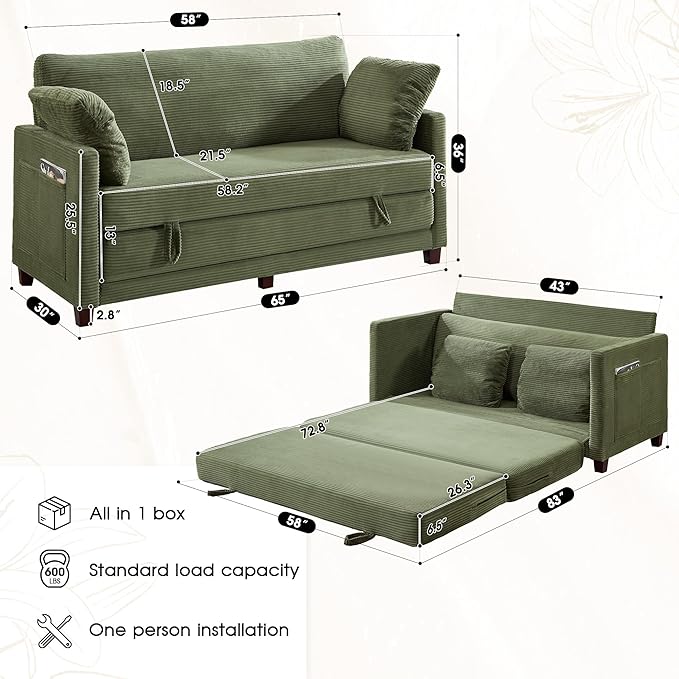 65" Convertible Loveseat Sofa Bed, 2-in-1 Folding Sofa Bed with 2 Pillow for Small Spaces, Modern Loveseat Sleeper Couch for Apartment, Living Room & Guest Room (Green Corduroy, 65 inch)