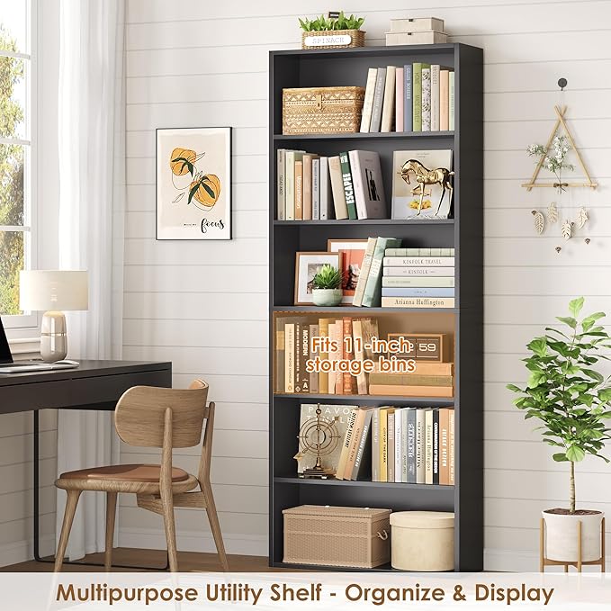 FOTOSOK 6-Tier Open Bookcase and Bookshelf, Freestanding Display Storage Shelves Tall Bookcase for Bedroom, Living Room and Office, Black