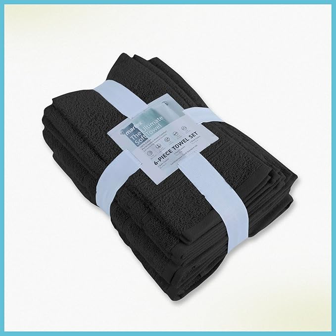 Martex 6-Piece Towel Set – Ultimate Performance – 100% Cotton – 2 Bath Towels – 2 Hand Towels – 2 Wash Cloths – Versatile – Low-Linting – Supersoft & Absorbent Bathroom Set – Easy Care – Black
