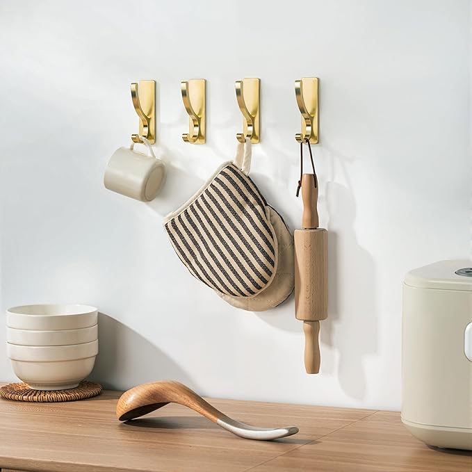 pickpiff 10-Pack Adhesive Wall Hooks for Towels - Sticky Hook Hanging Heavy Duty (13lb), Hanger for Door, Bathroom, Dorm, Closet - for Coats, Purse, Bag, Robe - No Damage to Wall - Brushed Gold