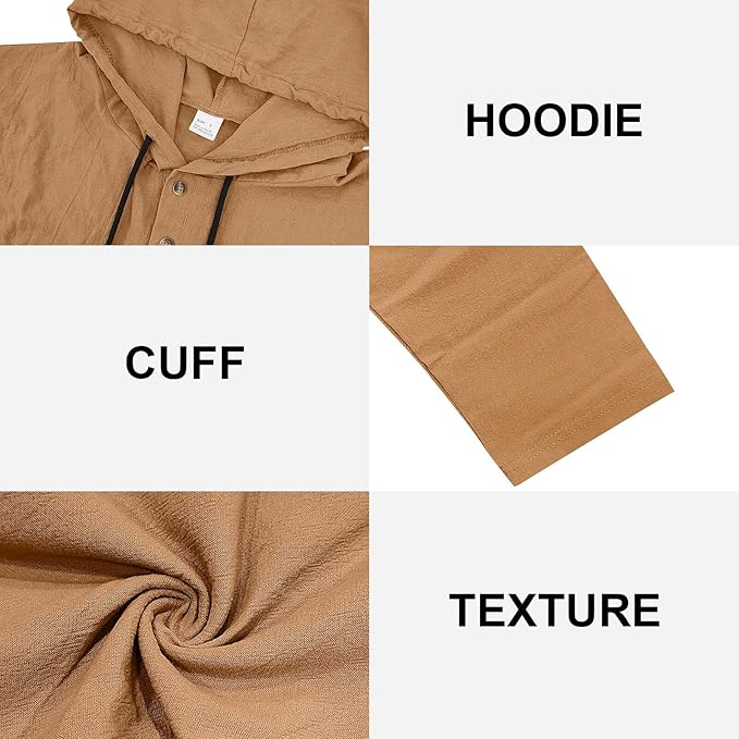 Men's Linen Blend Hoodie Long Sleeve Henley Pullover Sweatshirt Casual Loose Fit Top for Workout Beach Wear