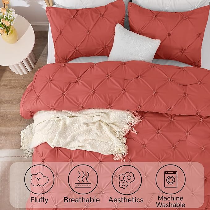 BEDELITE Coral King Size Comforter Set - 3 Pieces Boho Pintuck Bedding Comforter Sets, Lightweight Soft & Warm King Bedding Set with 2 Pillowcases for All Season