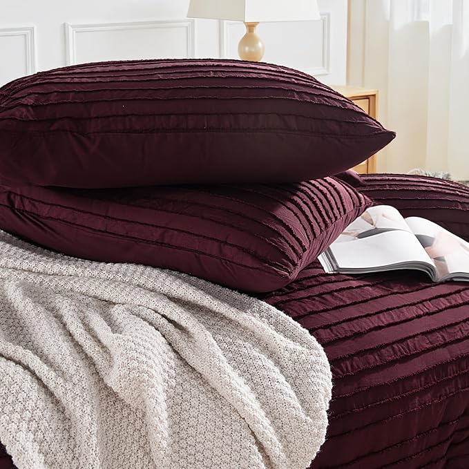 NEXHOME PRO Duvet Cover Queen Size, Blue 3 Pieces Boho Tufted Duvet Cover Set, Soft and Lightweight Microfiber Comforter Cover Set for All Season (Burgundy,90 x 90)-No Comforter