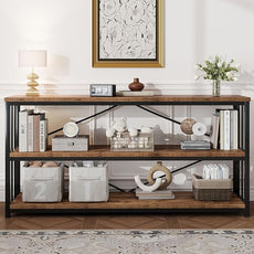 HSH Low Bookshelf, Industrial Wood 3 Tier Extra Long Horizontal Bookcase, Wide Open Metal Large Book Shelf for Bedroom Living Room, Rustic Brown, 70 Inch