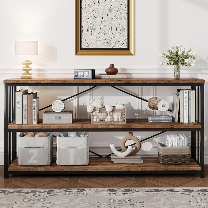 HSH Low Bookshelf, Industrial Wood 3 Tier Extra Long Horizontal Bookcase, Wide Open Metal Large Book Shelf for Bedroom Living Room, Rustic Brown, 70 Inch