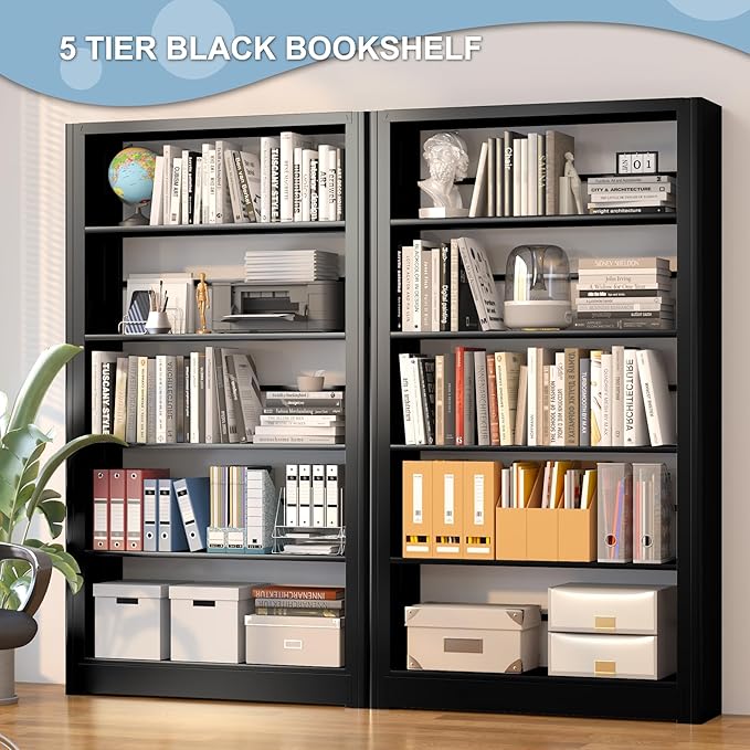 Metal Bookshelf, 5 Tier Black Bookcase with Adjustable Storage Shelves, 69" Tall Book Shelf for Home Office, Bedroom, Library, Living Room, Easy to Assemble